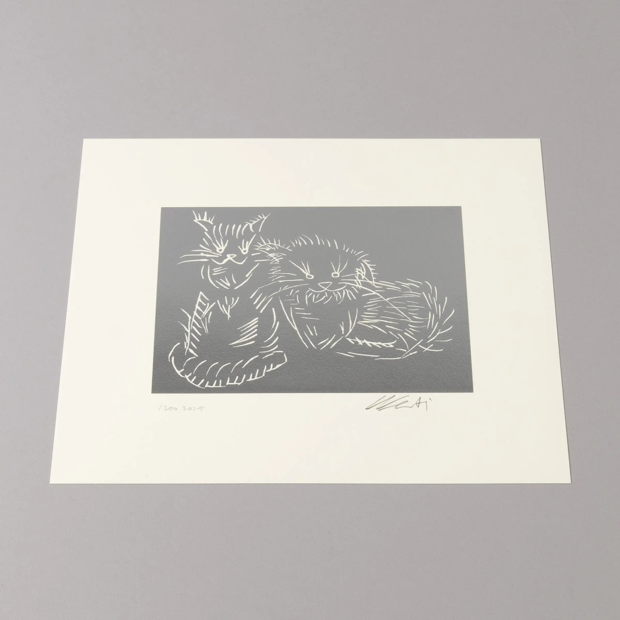 Ai Weiwei Cats Silver 2024 limited edition foil block print showing two cats Maple and Birch hand-signed and numbered artwork on wove paper